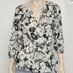 LAUREN by Ralph Lauren Cotton 3/4 Sleeve Wrap Shirt Blouse Top Black/Pearl XS